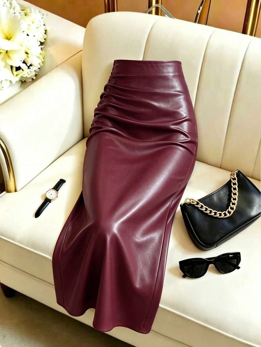 Qadelle Solid Color Pleated Back Zipper Slit Skirt Burgundy - Burgundy - View 1