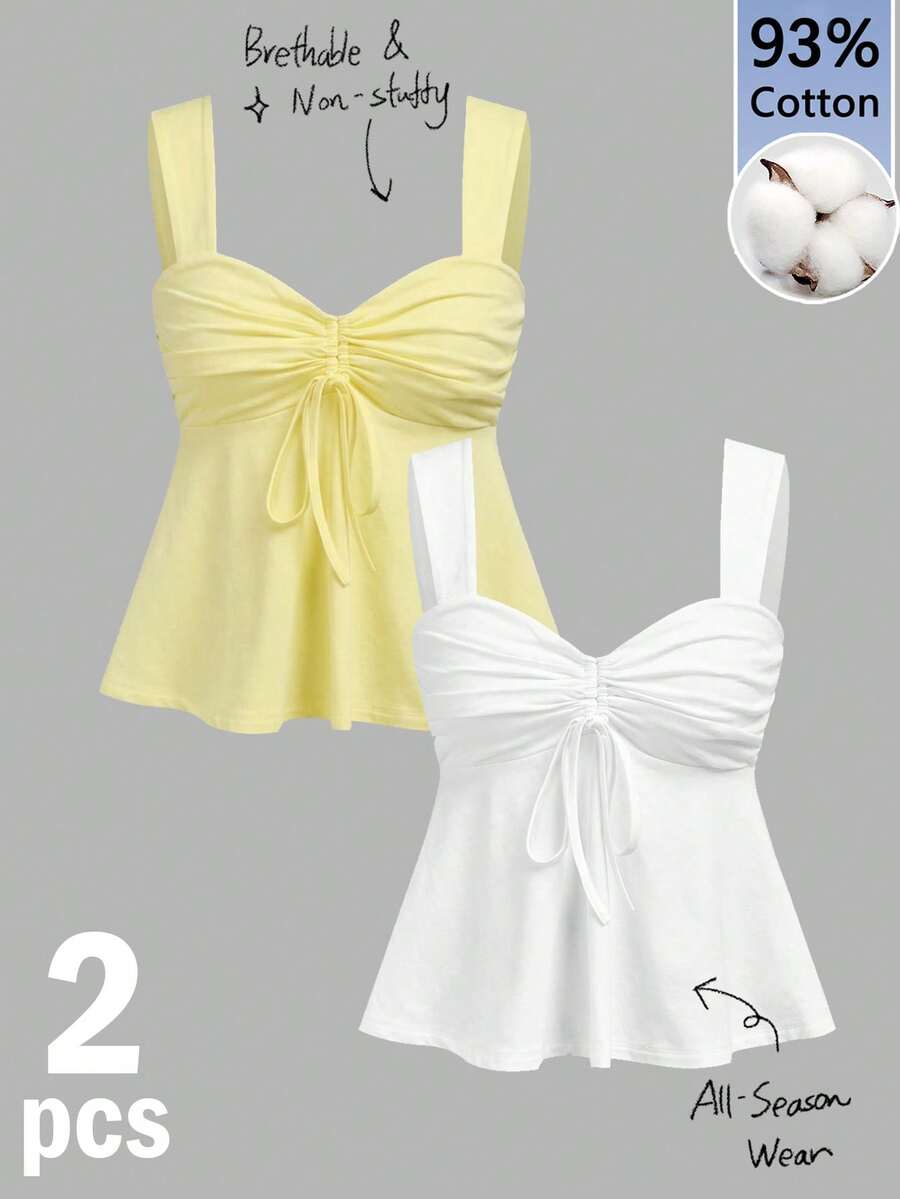 Tseoso 2-Pack 95% Cotton Women's Tank Top In White And Yellow,Summer Casual Drawstring Front Top,Cute Date Coconut Girl,Boho Island Vintage Style - Multicolor - View 1