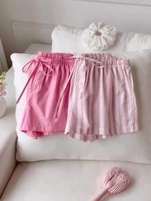 Comfortcana Women's Tie Waist Button Design Casual Cute Shorts Pink Stripe Summer Lounge - Pink - View 6