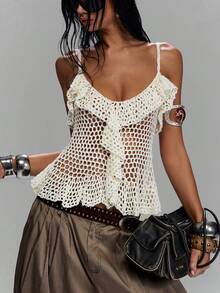 LYSMO Top de camisola de punto de uso diario versátil y casual con volantes y diseño calado de unicolor para mujer - Beis - Ver 5