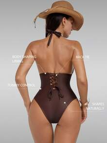 Shapewave Women's Floral Print Backless Halter One-Piece Swimsuit, Suitable For Beach Vacation - Brown - View 2