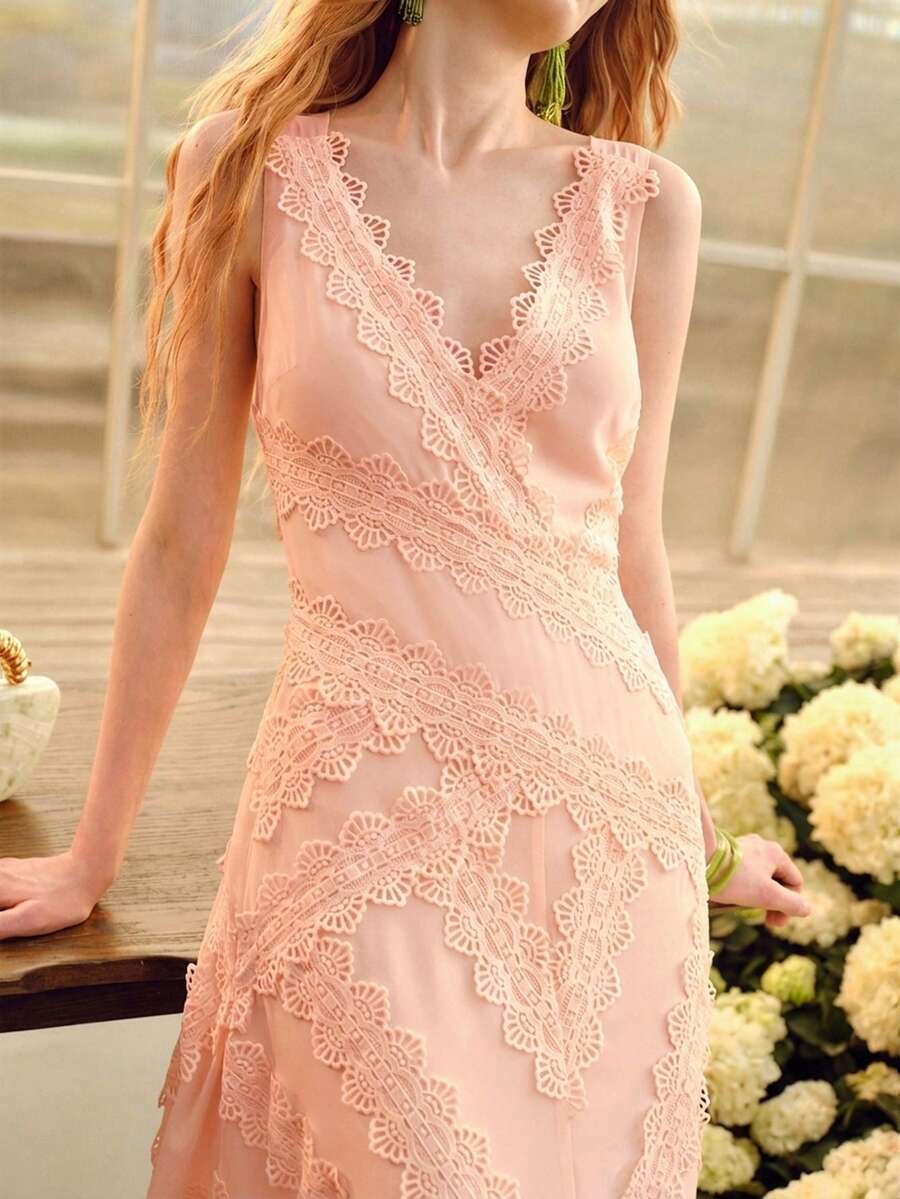 MOTF PREMIUM VESTIDO DE MUJER CON CINTURA DE ENCAJE Y VOLANTES EN EL BAJO, PRIMAVERA/VERANO - Rosa coral - Ver 2