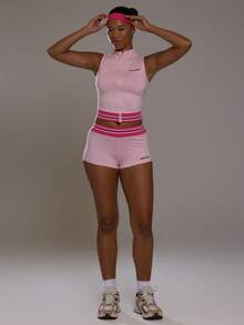 Musera Sport Top activo sin mangas con contraste de cintura acanalada, para deportes, entrenamiento, gimnasio, pilates, fitness, correr diariamente, casual - Rosa Pálido - Ver 5