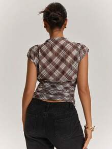 SHEIN BAE Women's Casual Holiday & Commute Daily Plaid Mesh Knit See-Through Blouse - Brown - View 2