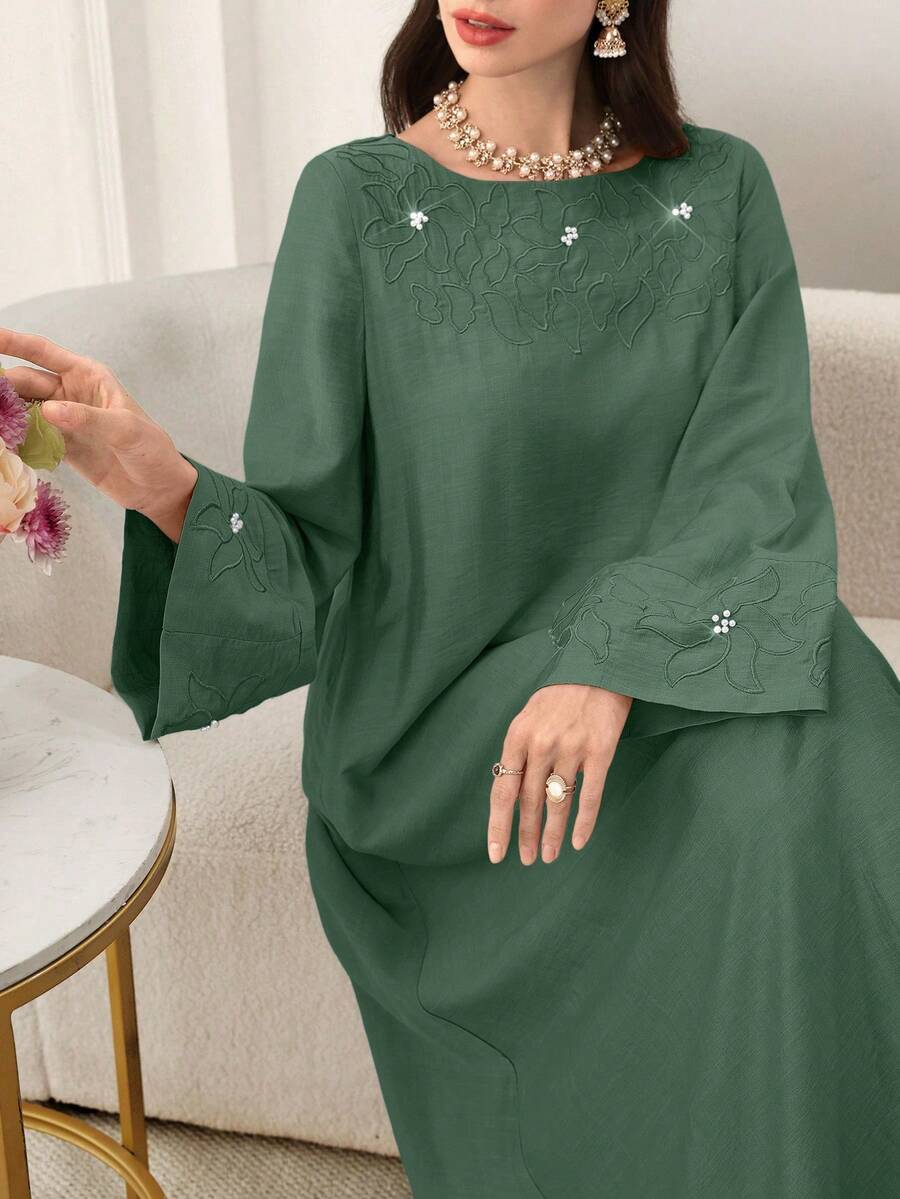 Yasmyna Floral Embroidered Bubble Dress, Elegant Arabic Style - Dark Green - View 1