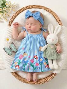 SHEIN Newborn Baby Girls' Casual Baby Girl Sweet Floral Striped Cami Dress, Summer Holiday Photoshoot Pastel Blue - Blue - View 5