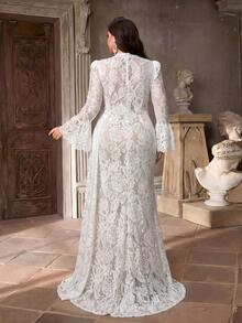 Aureia Đầm dạ hội dáng đuôi cá size lớn sang trọng thanh lịch lãng mạn, cổ trắng, tay loe, nhún bèo, phối patchwork, tà dài, phù hợp cho tiệc tối, tiệc độc thân, hẹn hò, dạ hội, du lịch, đám cưới - trắng - Xem 2