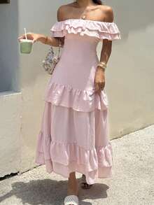 DAZY Off-Shoulder Rüschen-Mittelänge Urlaubs-Kleid für Frauen - Pink - Übersicht 4