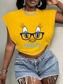 Slaydiva LOONEY TUNES X SHEIN 大尺碼休閒無袖T恤，適合夏季 - 黃色 - 查看 4