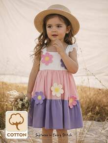 Cozy Pixies Vestido de tirantes con bloque de color y decoración floral para bebé niña, versátil y cómodo - Rosa - Ver 10