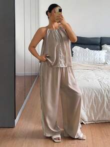 Dazy Plus Conjunto de lencería de satén y encaje sin mangas para mujer de talla grande, para verano - Rosa - Ver 4