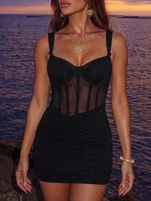 SHEIN Allurite Women's Solid Color Mesh Patchwork Sexy Fitted Camisole Mini Dress - Black - View 6