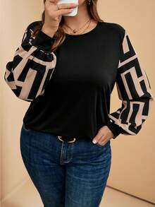 Comfylo Plus Size Colorblock Lantern Sleeve Casual Loose Top, Autumn/Winter Holiday - Black - View 3