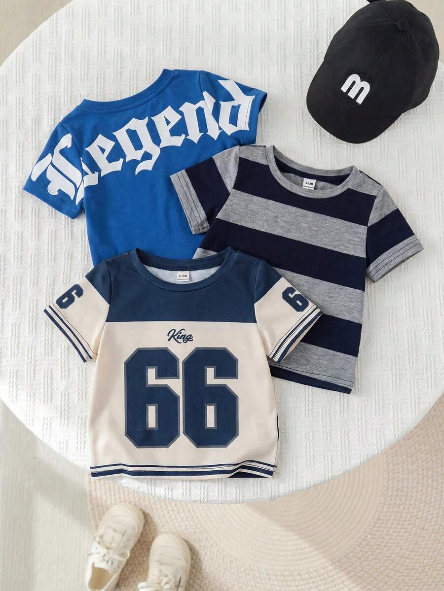 SHEIN 中性嬰兒 3件/組 休閒拼色短袖T恤針織上衣套裝,春/夏嬰兒男童服飾,街頭風 - 彩色 - 查看 1