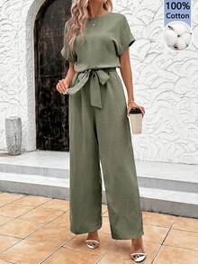 SHEIN Clasi Women's Vacation Solid Color Round Neck Batwing Short Sleeve Wide Leg Jumpsuit - Khaki - View 4