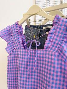 Resyla Blusa casual de mujer con estampado a cuadros, patchwork, mangas acampanadas y ribete de volantes - Multicolor - Ver 6