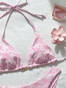 Swim Mod Women's Sweet And Cute Pink Floral Patterned Reversible Bikini Swimsuit Set Vacation Summer Casual,Pink Plaid Seashell Pendant Bikini - Multicolor - View 5