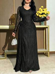 Modelyn Vestido de fiesta elegante con cintura fruncida, parches de encaje y volantes para mujer - Negro - Ver 5
