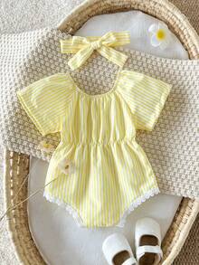 SHEIN Pelele casual de manga raglán a rayas para bebé niña - Amarillo - Ver 3