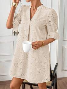 Editum Women's Notched Neck Cutout 3/4 Sleeve Ruffled Hem Eyelet Embroidery Loose Casual Dress, Pure White, Elegant For Daily, Vacation, Commute, Spring/Summer - Khaki - View 5