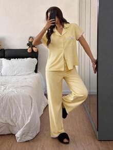Napfluff Bubble Crinkle Striped Ruffle Front Women Pajama Set - Yellow - View 6