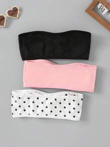 SHEIN Tween女孩3件組休閒細肩帶內衣短版上衣層搭胸罩，黑色、粉色、波點印花抹胸上衣，可愛抹胸上衣套裝，附胸罩肩帶抹胸內衣女童抹胸上衣套裝 - 彩色 - 查看 2