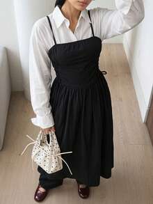 Solavon Women's Summer Solid Color Side Cross Strap Camisole Dress Everyday Black Basic Modest Elegant French Everyday - Black - View 1