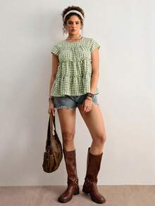 Freevana Plus Size Women's Round Neck Plaid Ruched Casual Versatile Daily Wear Shirt - Mint Green - View 3