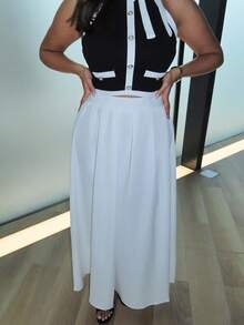 MDEdit Casual Elastic Waist Pleated Solid Color A-Line Skirt For Women - White - View 6