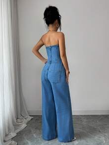 Selianne Women's Metal Single-Breasted Vest And Pocket Jeans Casual Suit - Blue - View 2