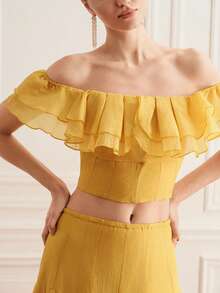 BELROSIE French Elegant Women's Holiday Date Party Mustard Yellow Textured Off-Shoulder Double-Layer Ruffle Trim Top Paired With Layered Flared Hem Skirt Set - Yellow - View 6