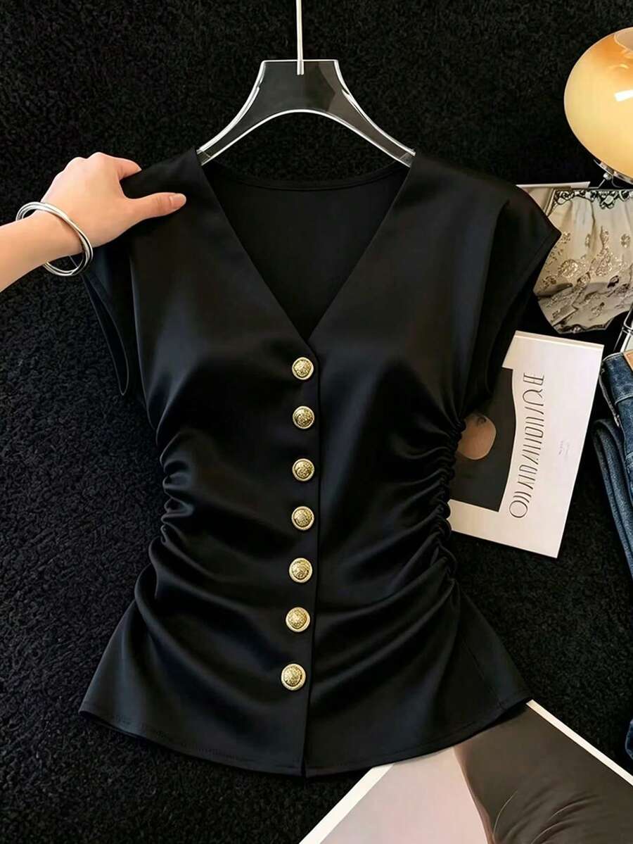 SHEIN Franclia 女款優雅浪漫法式V領緞面布料優雅襯衫,優雅夏季度假休閒襯衫,黑色,春季 - 黑色 - 查看 1