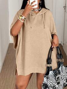 Maweii Plus Size Women's Solid Color Batwing Sleeve Drawstring Hooded Loose Sweatshirt - Khaki - View 1