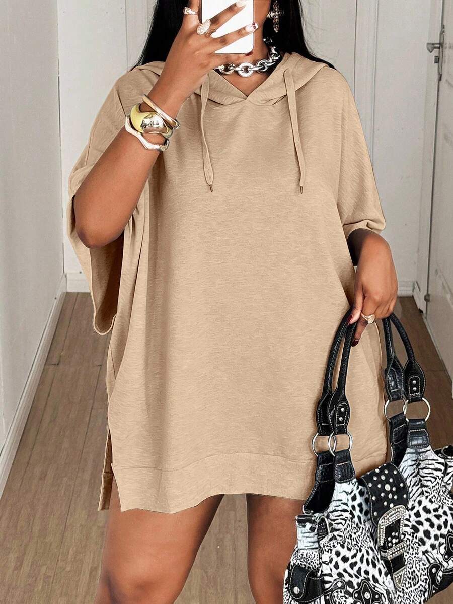 Maweii Plus Size Women's Solid Color Batwing Sleeve Drawstring Hooded Loose Sweatshirt - Khaki - View 1
