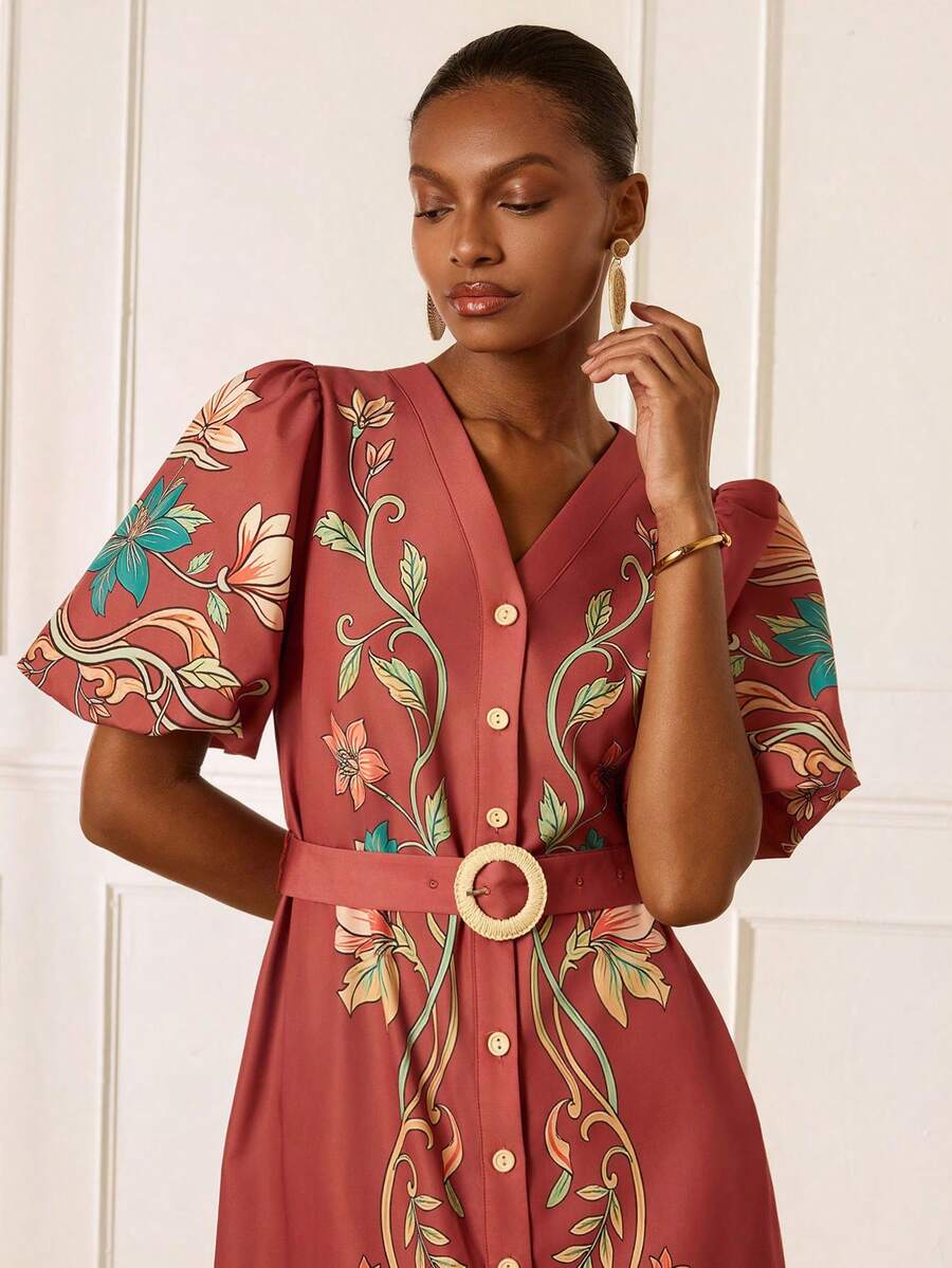 Lilora Vestido elegante de mujer con mangas de pétalos florales para vacaciones - Multicolor - Ver 1