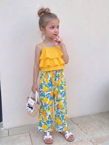YOUNG Girl Fashionable Sweet Young Girl Camisole Top And Printed Leg Pants Set, Summer Lemon Yellow Outfit - Yellow - View 1