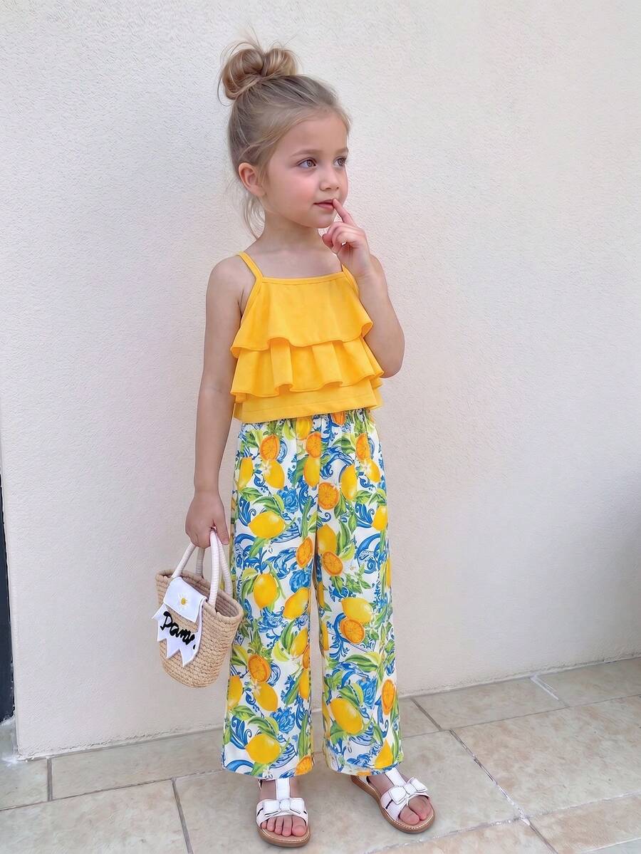 YOUNG Girl Fashionable Sweet Young Girl Camisole Top And Printed Leg Pants Set, Summer Lemon Yellow Outfit - Yellow - View 1