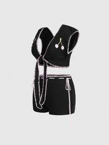 Sweetness Cherry Embroidered Soft Cropped Top And Mini Shorts 2 Pieces Set, Suitable For Beach Vacation, Plus Size Pink Black And White Summer - Black - View 3