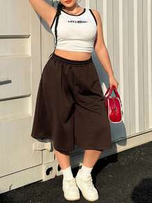 Muchica Plus Size Spring Summer Casual Ultra Wide Leg Solid Color Elastic Waist Capri Sweatpants - Chocolate Brown - View 5