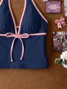 Elavelle Top de bikini de tirantes finos con lazo y estampado aleatorio para mujer, primavera/verano - Multicolor - Ver 6
