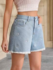 Selenza Women's Rhinestone Shiny Pocket Button Frayed Denim Shorts Vacation Light Blue Floral Summer Casual - Blue - View 3