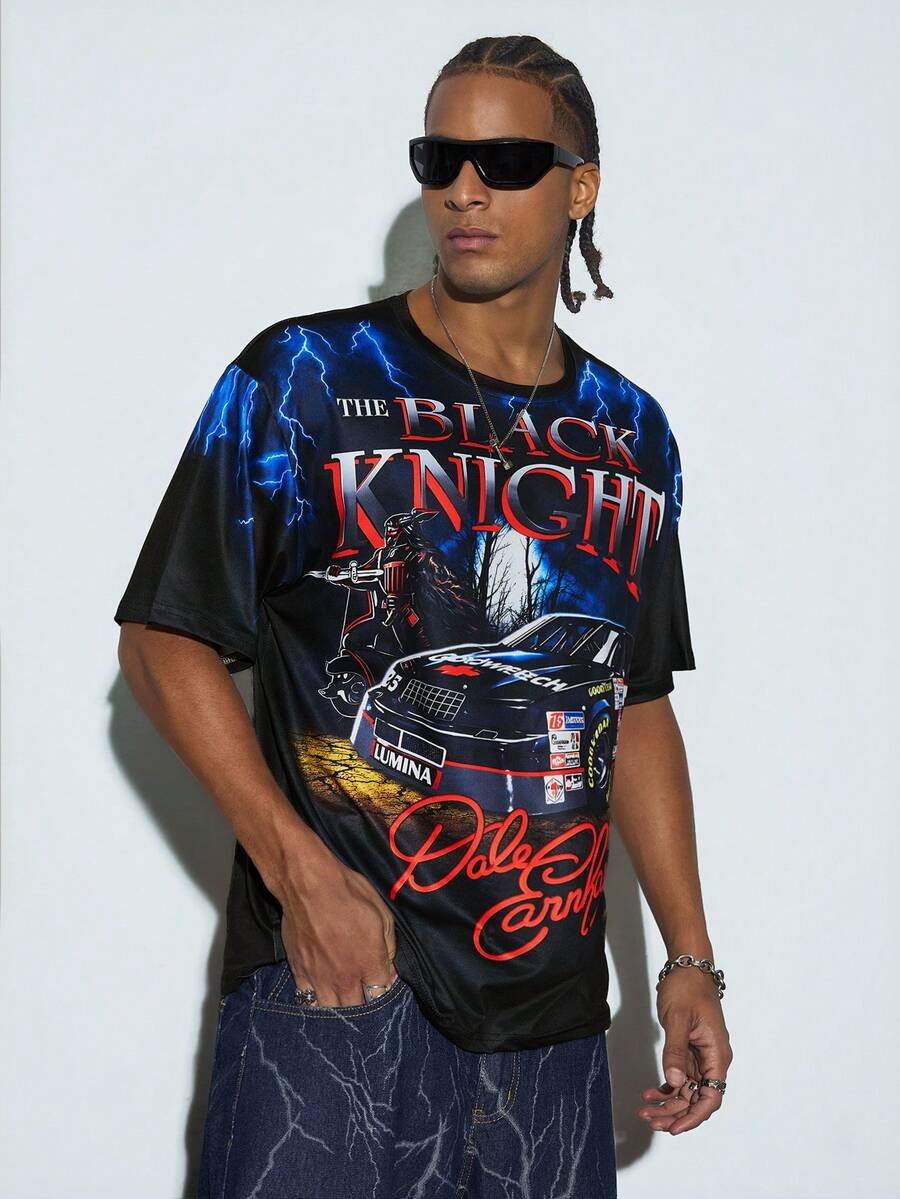 Modcrash Men's Round Neck Casual Short Sleeve T-Shirt With Racing Car Elements - Black - View 1