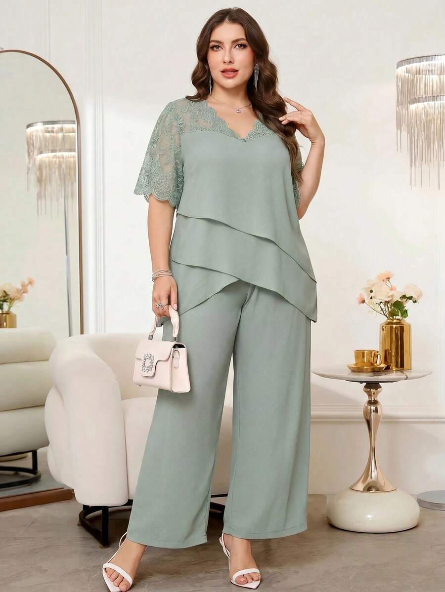 Reflora Bộ 2 món áo và quần nữ size lớn, phối ren tương phản, vạt bất đối xứng, phong cách thanh lịch - màu xanh lá - Xem 1