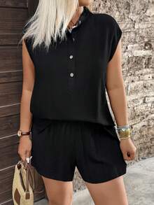 GlowEve CURVE 2pcs Plus Size Women Button Short Sleeve Top And Casual Shorts Set Gym Brown Summer - Black - View 7
