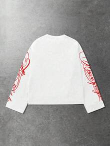 ROMWE MEN Street Life Men's Letter Print Contrast Color Crew Neck Long Sleeve T-Shirt - White - View 2