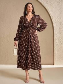 Chikora Vestido de manga larga con cuello en V para mujer de talla grande, con estampado de lunares, versátil para la oficina y uso casual - Marrón - Ver 8