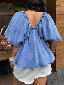 Sunnyshic Plus Size Women V-Neck Ruched Casual Versatile Denim Top For Daily Wear - Blue - View 2