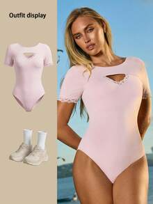 Fluxe Women's Contrast Lace Hollow Out Short Sleeve Jumpsuit Perfect Airport Outfit Suitable For Tennis Yoga Studio Pilates Daily Wear Cute Summer Outfits Festival Outfits Beach Outfits Sea Going Out Outfits Women's Gym Clothes Gym Female Gym Set Casual Sets Holiday Outfits Vacation Sportswear Workout Sets Pink Top - Dusty Pink - View 13