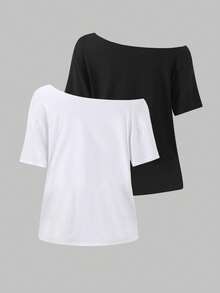 Sweetra 2pcs Women's Loose Asymmetrical Shoulder T-Shirts, White & Black, Oversized Beach Style, Plus Size - Multicolor - View 2
