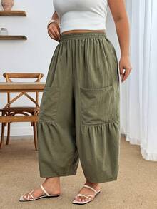 Enliva Plus Size Loose Fit Large Pocket Casual Pants Fall - Army Green - View 6